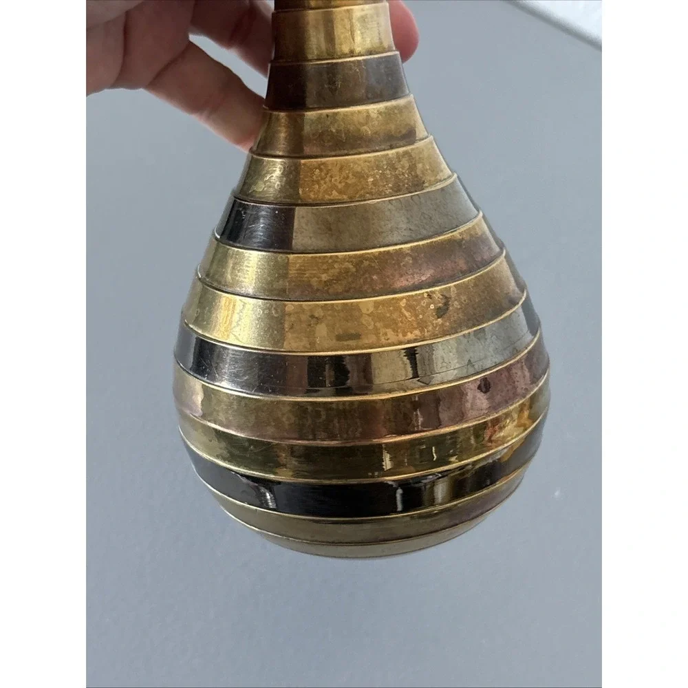 Vintage MCM Brass Copper Striped Vase 9